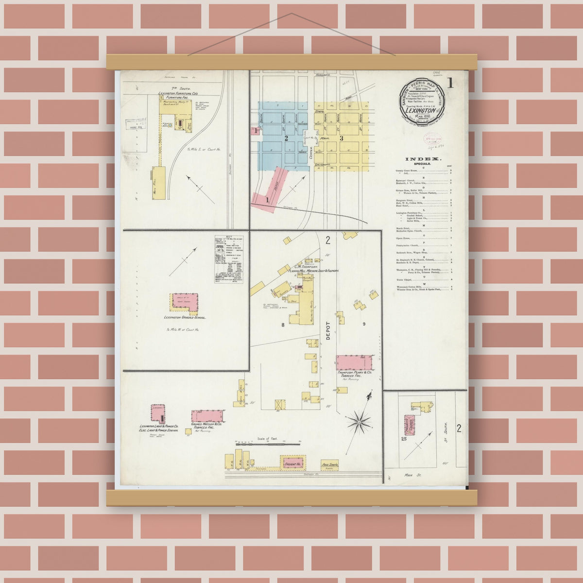 Old map wall art mockup — magnetic wood frame on brick wall — Sanborn Fire Insurance Map from Lexington, Davidson County, North Carolina (1896) - Complete Map Set