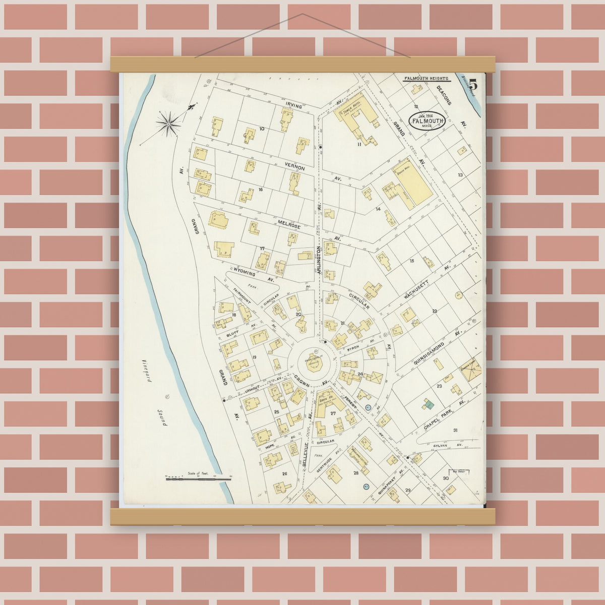 Old map wall art mockup — magnetic wood frame on brick wall — Sanborn Fire Insurance Map from Falmouth, Barnstable County, Massachusetts (1906), Sheet #0005
