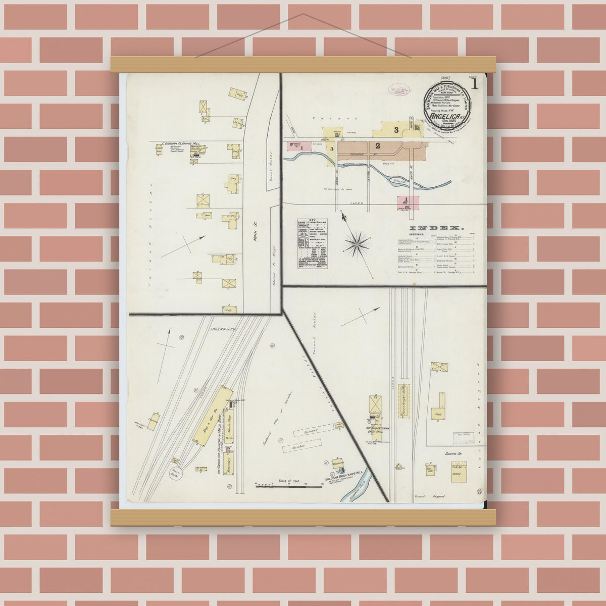 Old map wall art mockup — magnetic wood frame on brick wall — Sanborn Fire Insurance Map from Angelica, Allegany County, New York (1888) - Complete Map Set
