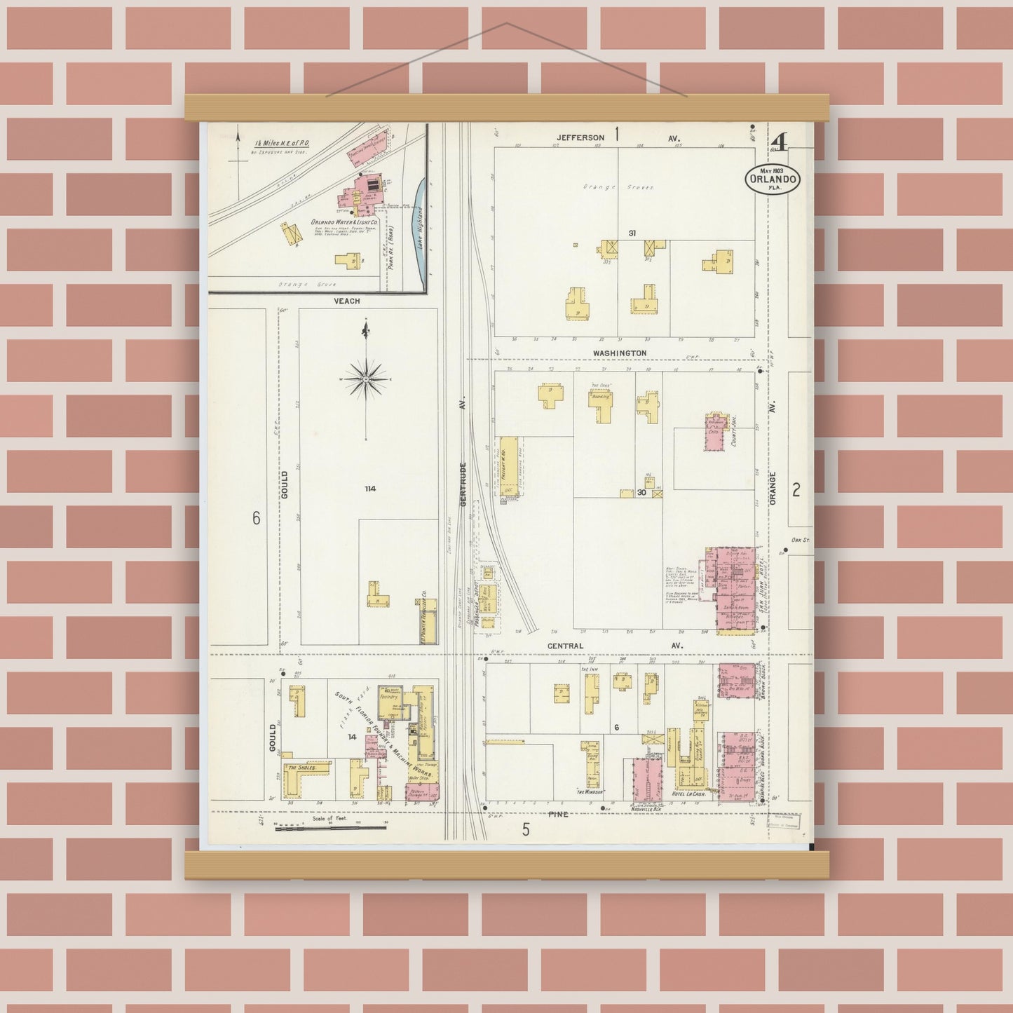 Old map wall art mockup — magnetic wood frame on brick wall — Sanborn Fire Insurance Map from Orlando, Orange County, Florida (1903), Sheet #0004