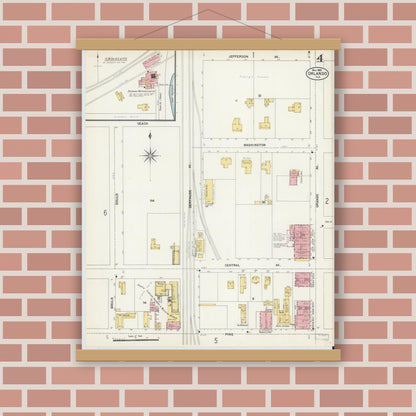 Old map wall art mockup — magnetic wood frame on brick wall — Sanborn Fire Insurance Map from Orlando, Orange County, Florida (1903), Sheet #0004