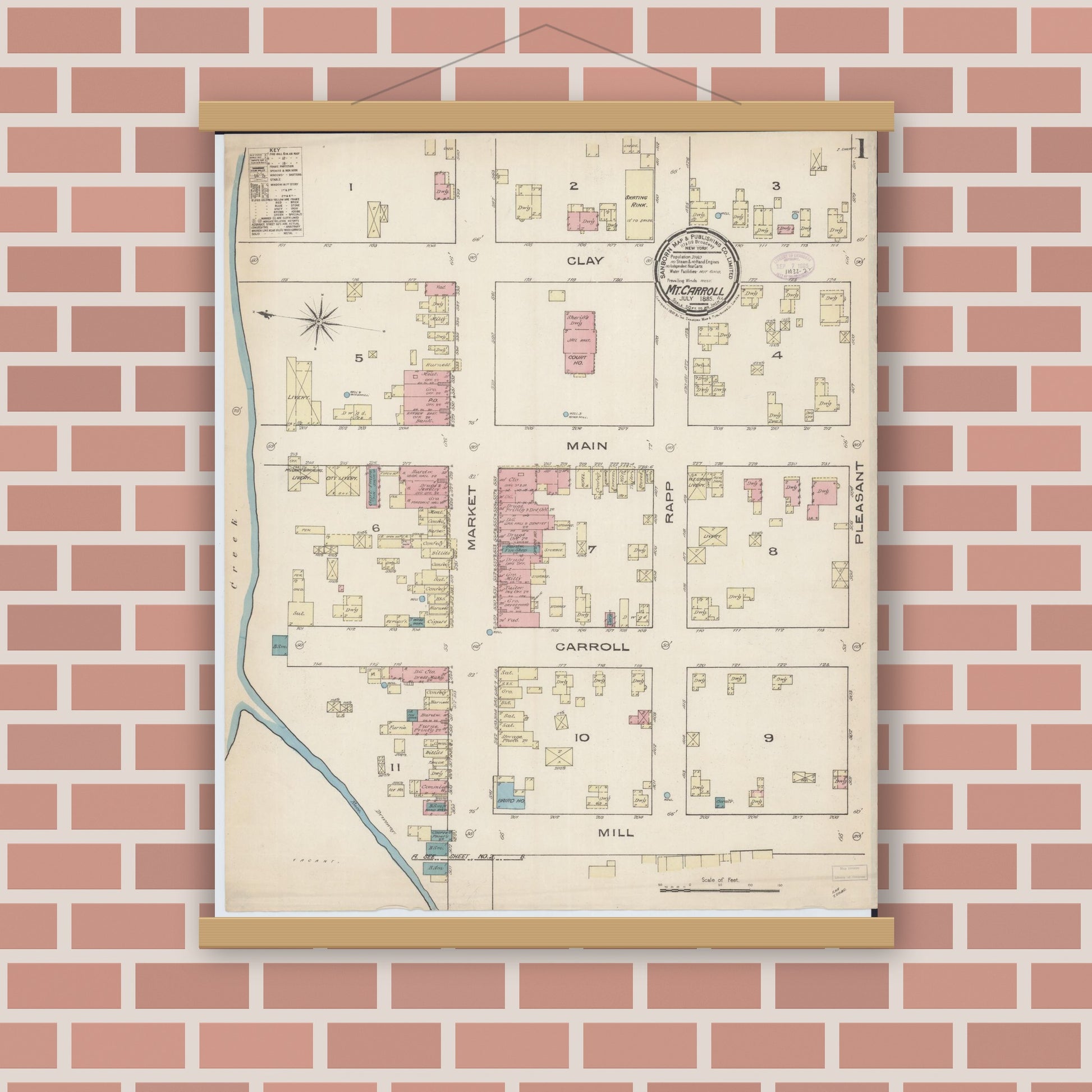 Old map wall art mockup — magnetic wood frame on brick wall — Sanborn Fire Insurance Map from Mount Carroll, Carroll County, Illinois (1885) - Complete Map Set
