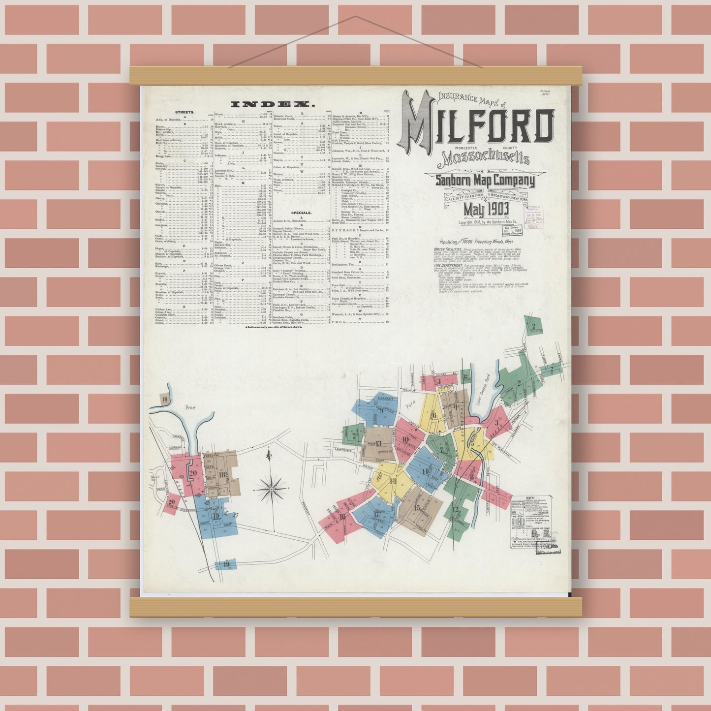 Old map wall art mockup — magnetic wood frame on brick wall — Sanborn Fire Insurance Map from Milford, Worcester County, Massachusetts (1903), Sheet #0001
