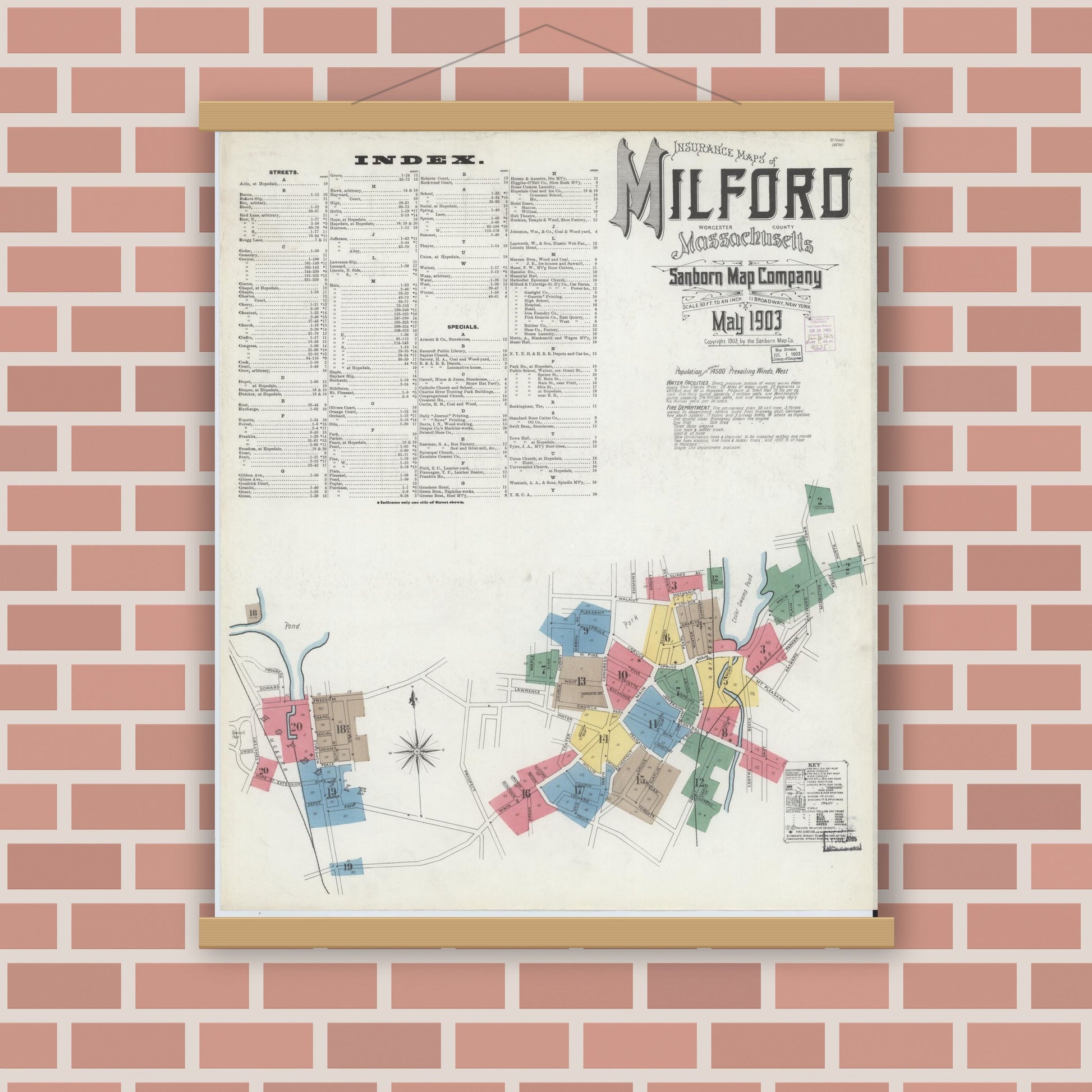 Old map wall art mockup — magnetic wood frame on brick wall — Sanborn Fire Insurance Map from Milford, Worcester County, Massachusetts (1903), Sheet #0001
