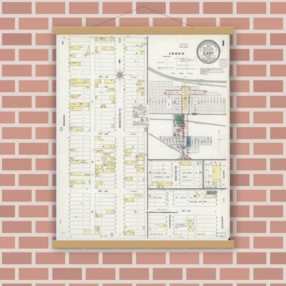 Old map wall art mockup — magnetic wood frame on brick wall — Sanborn Fire Insurance Map from Gary, Lake County, Indiana (1907), Sheet #0001