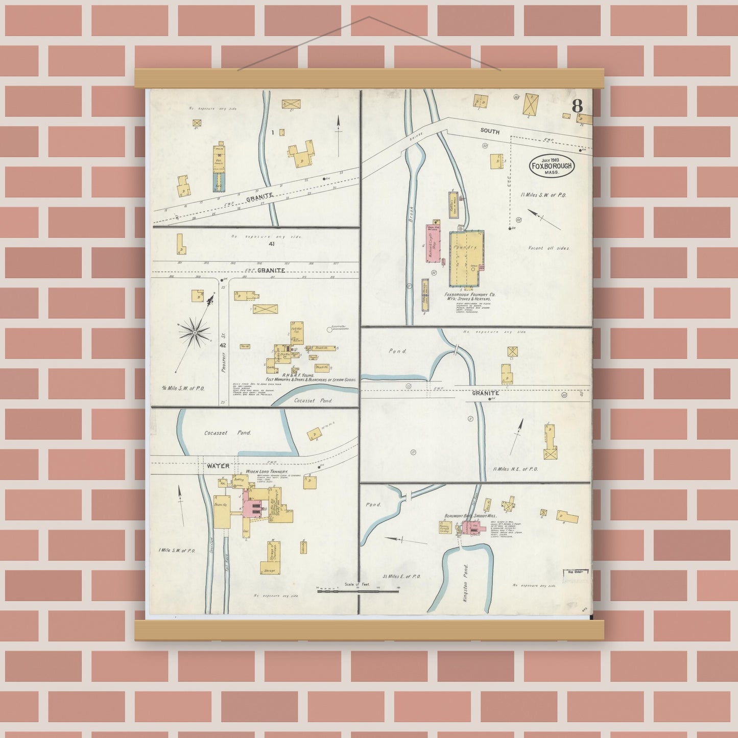 Old map wall art mockup — magnetic wood frame on brick wall — Sanborn Fire Insurance Map from Foxboro, Norfolk County, Massachusetts (1903), Sheet #0008