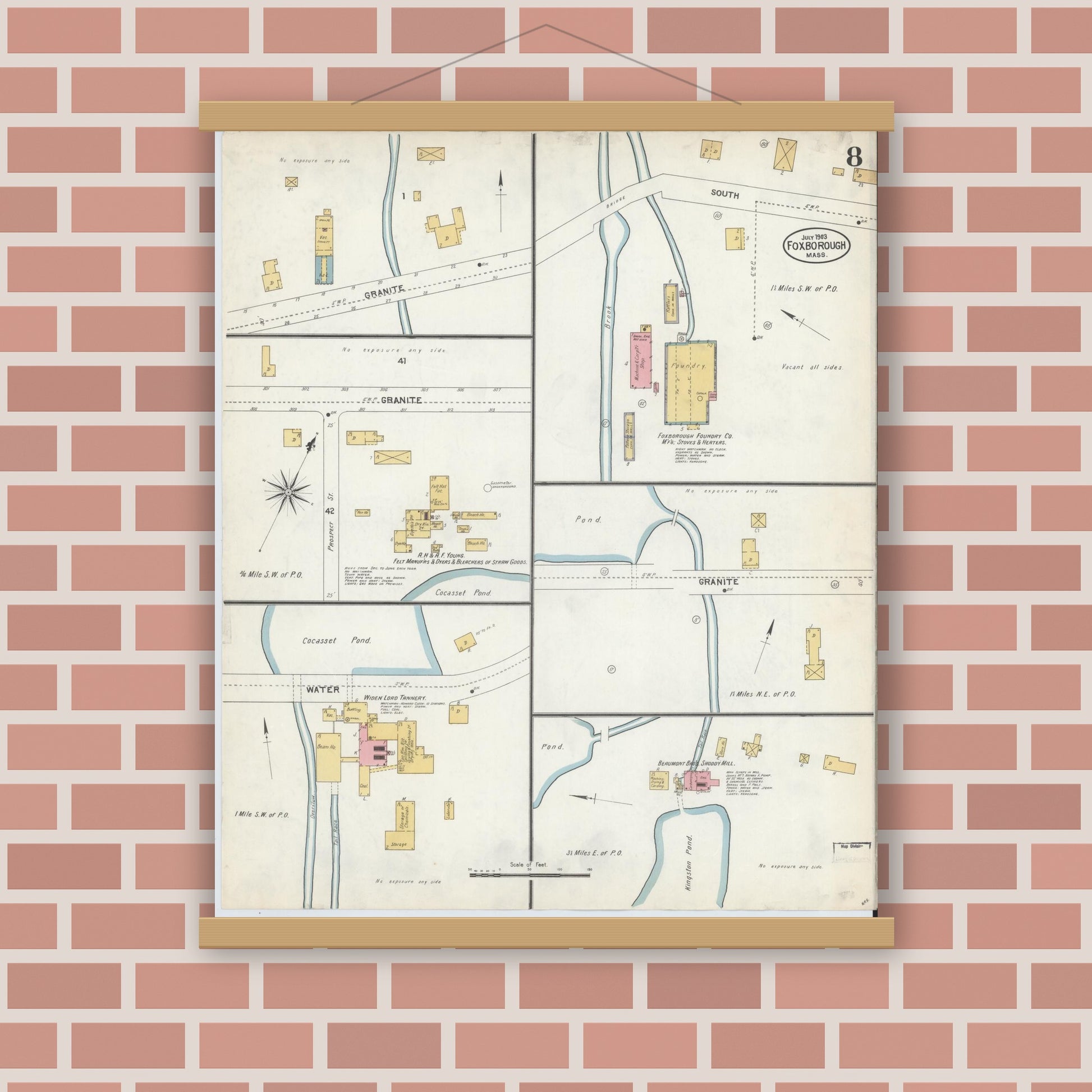 Old map wall art mockup — magnetic wood frame on brick wall — Sanborn Fire Insurance Map from Foxboro, Norfolk County, Massachusetts (1903), Sheet #0008
