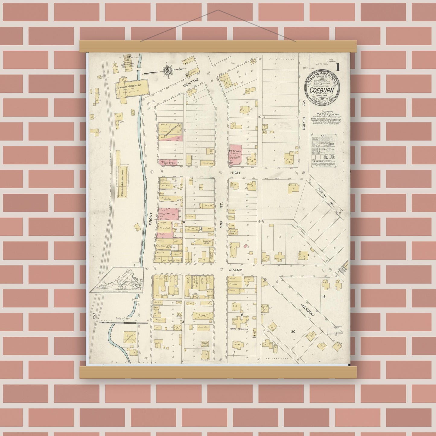 Old map wall art mockup — magnetic wood frame on brick wall — Sanborn Fire Insurance Map from Coeburn, Wise County, Virginia (1913), Sheet #0001