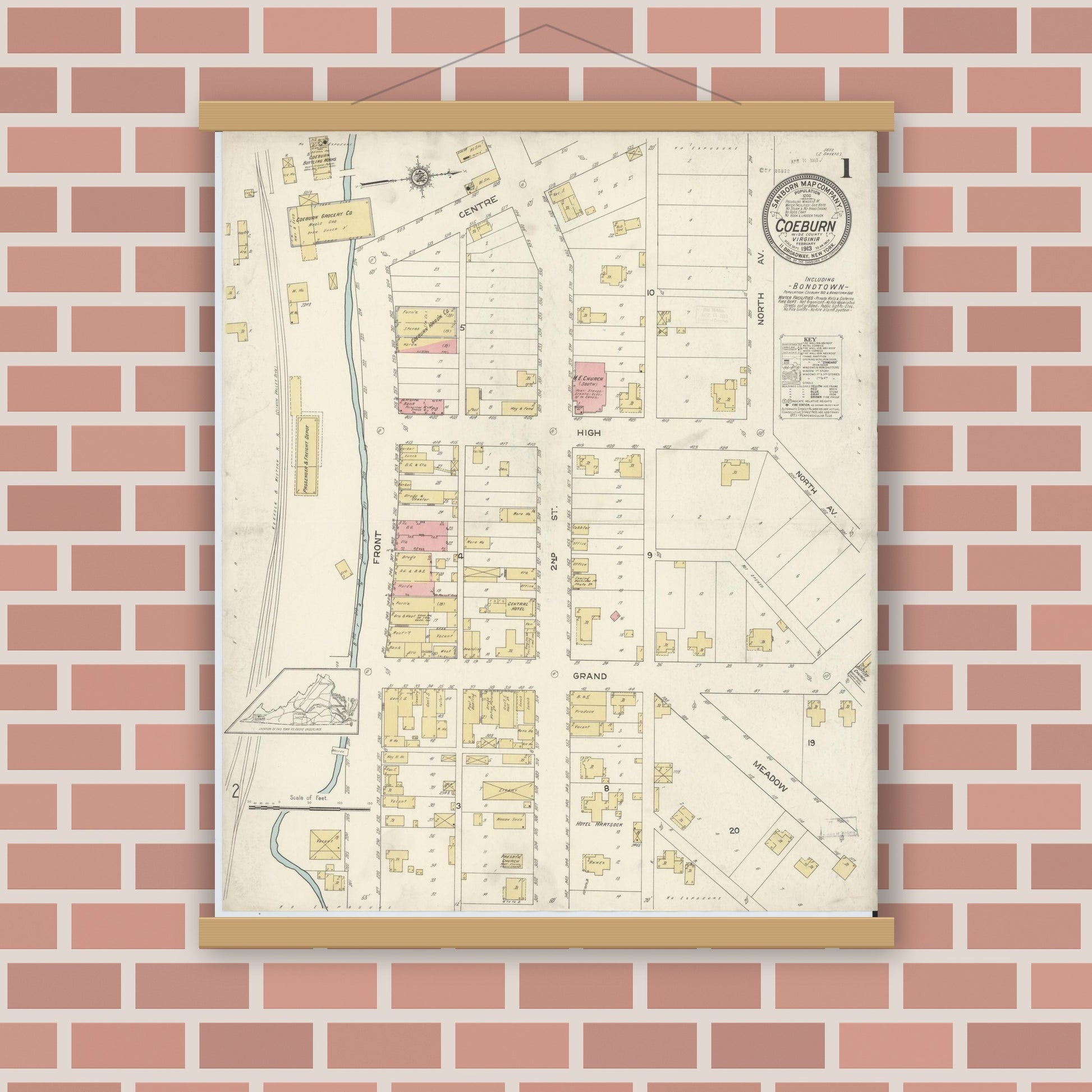 Old map wall art mockup — magnetic wood frame on brick wall — Sanborn Fire Insurance Map from Coeburn, Wise County, Virginia (1913), Sheet #0001