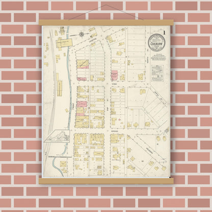 Old map wall art mockup — magnetic wood frame on brick wall — Sanborn Fire Insurance Map from Coeburn, Wise County, Virginia (1913), Sheet #0001