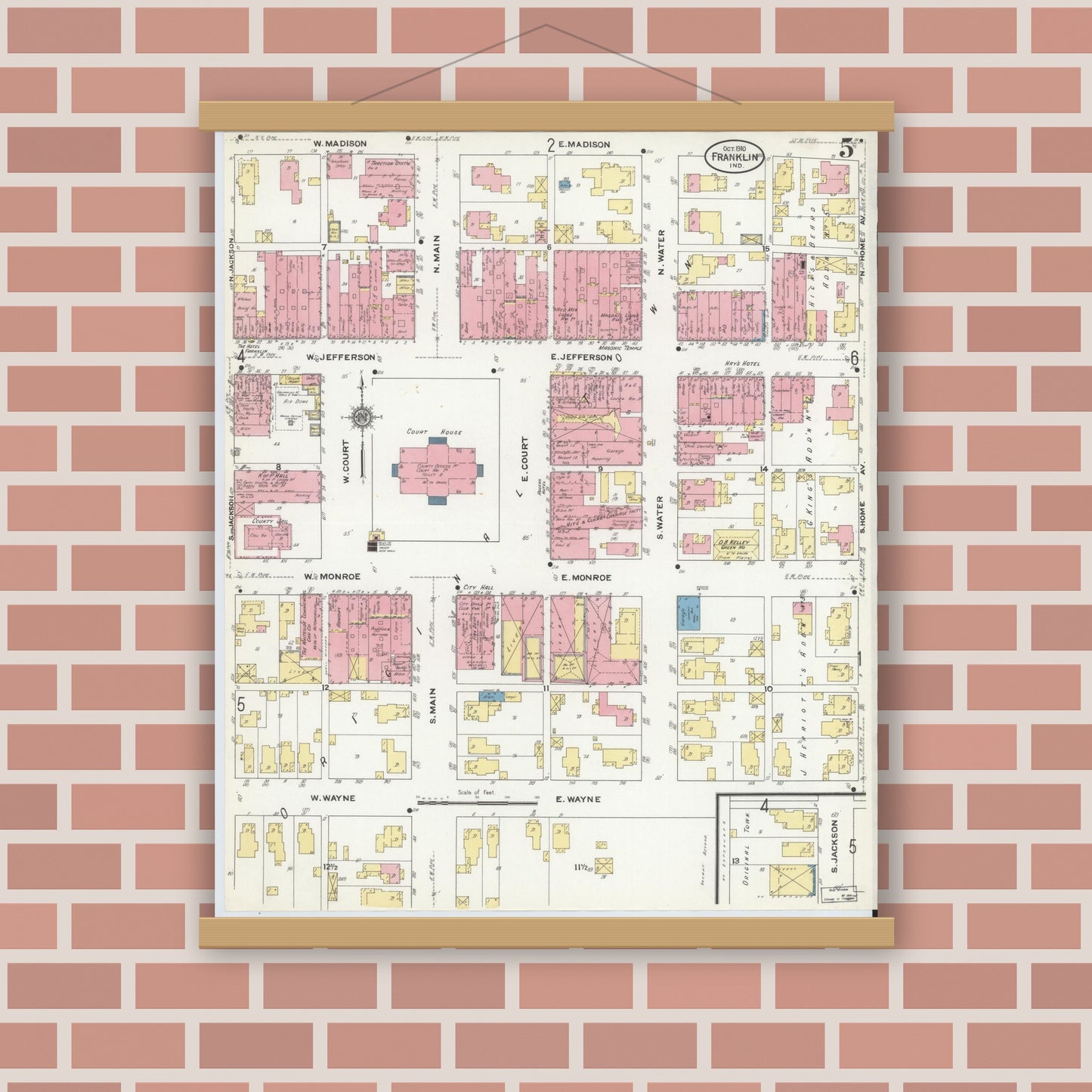 Old map wall art mockup — magnetic wood frame on brick wall — Sanborn Fire Insurance Map from Franklin, Johnson County, Indiana (1910), Sheet #0005