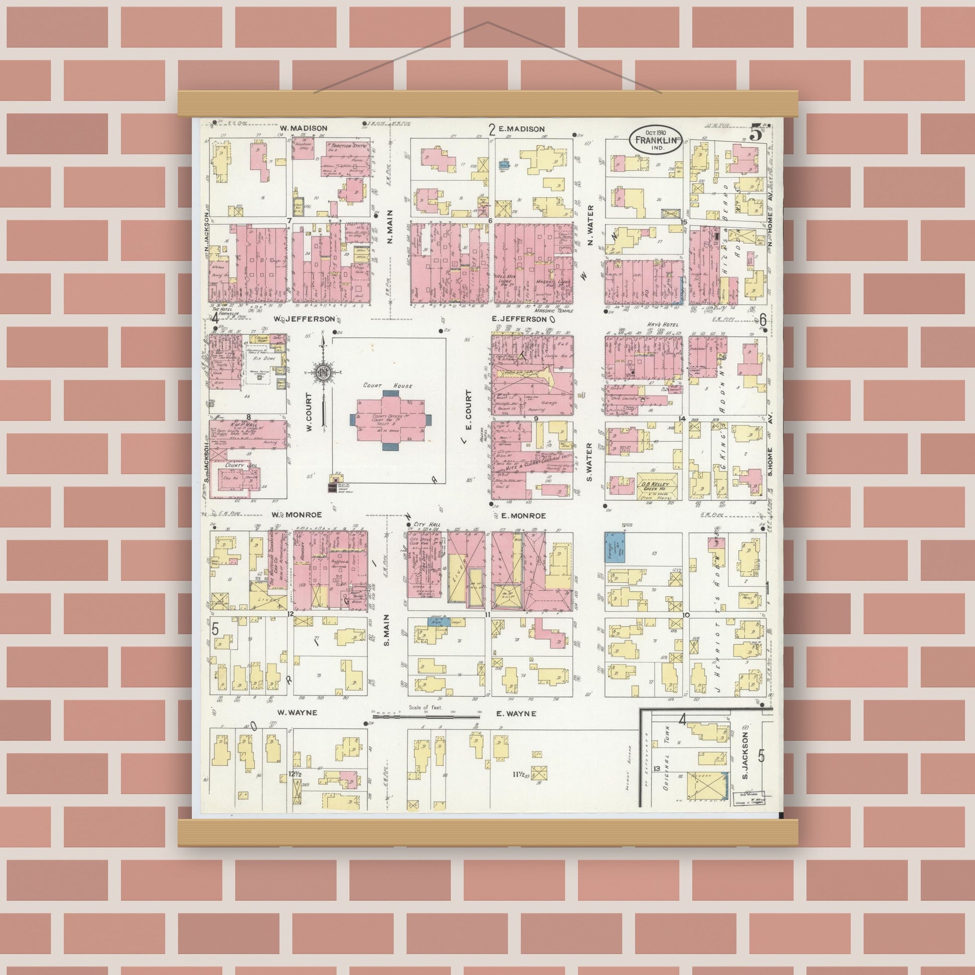 Old map wall art mockup — magnetic wood frame on brick wall — Sanborn Fire Insurance Map from Franklin, Johnson County, Indiana (1910), Sheet #0005