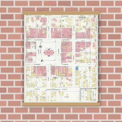 Old map wall art mockup — magnetic wood frame on brick wall — Sanborn Fire Insurance Map from Franklin, Johnson County, Indiana (1910), Sheet #0005