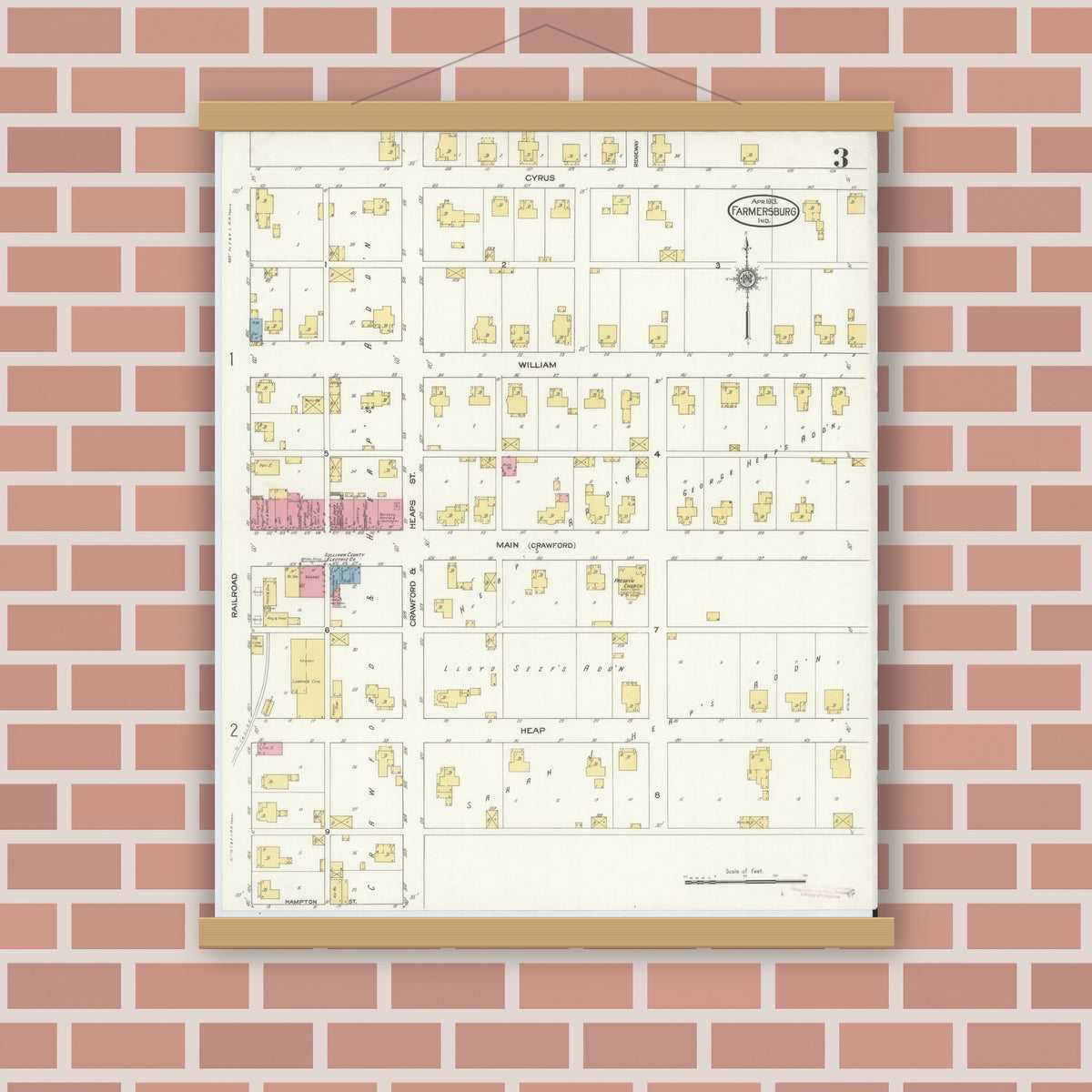 Old map wall art mockup — magnetic wood frame on brick wall — Sanborn Fire Insurance Map from Farmersburg, Sullivan County, Indiana (1913), Sheet #0003