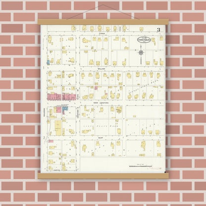 Old map wall art mockup — magnetic wood frame on brick wall — Sanborn Fire Insurance Map from Farmersburg, Sullivan County, Indiana (1913), Sheet #0003
