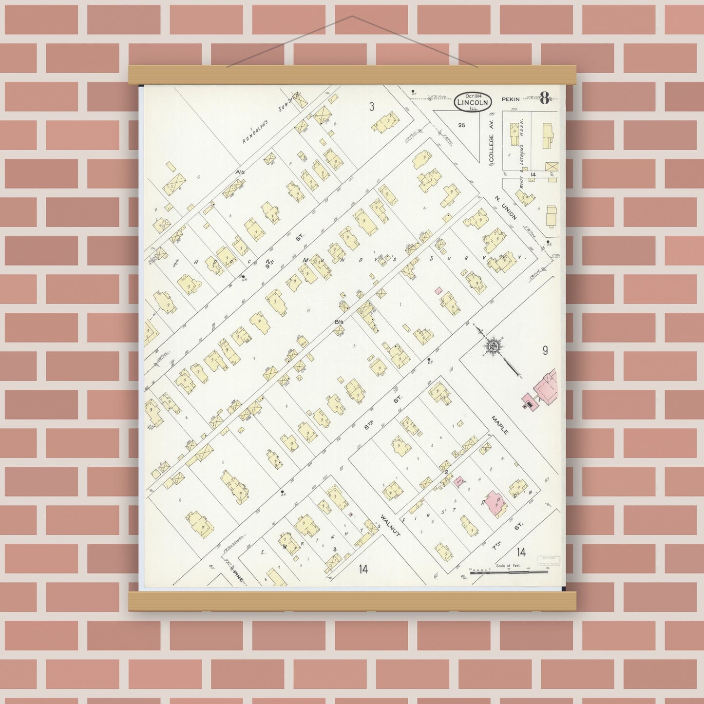 Old map wall art mockup — magnetic wood frame on brick wall — Sanborn Fire Insurance Map from Lincoln, Logan County, Illinois (1914), Sheet #0008