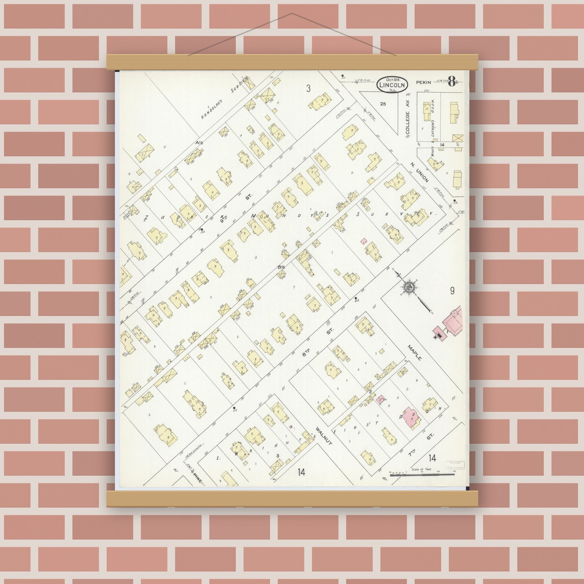 Old map wall art mockup — magnetic wood frame on brick wall — Sanborn Fire Insurance Map from Lincoln, Logan County, Illinois (1914), Sheet #0008
