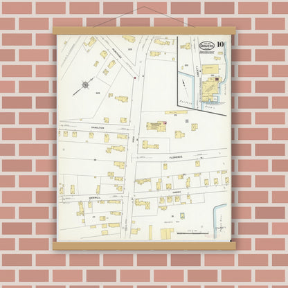Old map wall art mockup — magnetic wood frame on brick wall — Sanborn Fire Insurance Map from Danvers, Essex County, Massachusetts (1916), Sheet #0010