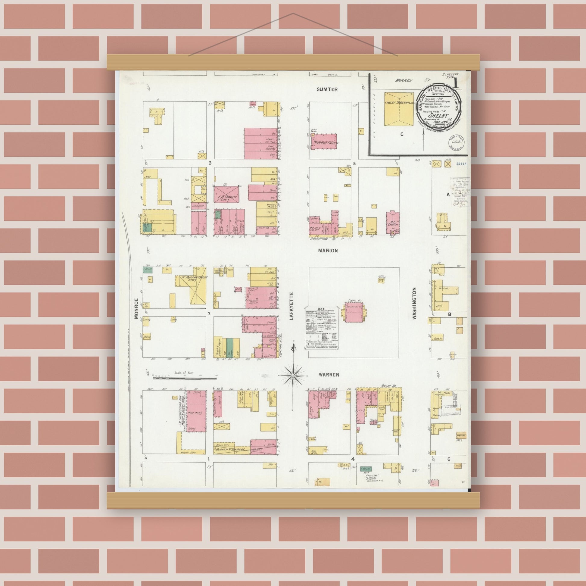 Old map wall art mockup — magnetic wood frame on brick wall — Sanborn Fire Insurance Map from Shelby, Cleveland County, North Carolina (1900), Sheet #0001