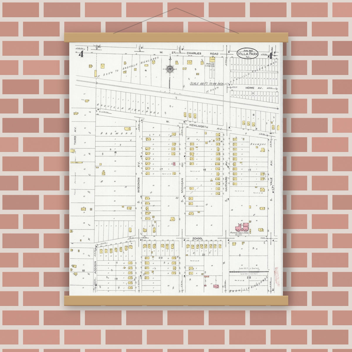 Old map wall art mockup — magnetic wood frame on brick wall — Sanborn Fire Insurance Map from Villa Park, Du Page County, Illinois (1925), Sheet #0004