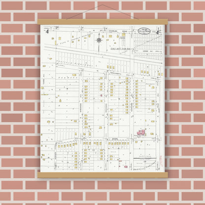 Old map wall art mockup — magnetic wood frame on brick wall — Sanborn Fire Insurance Map from Villa Park, Du Page County, Illinois (1925), Sheet #0004