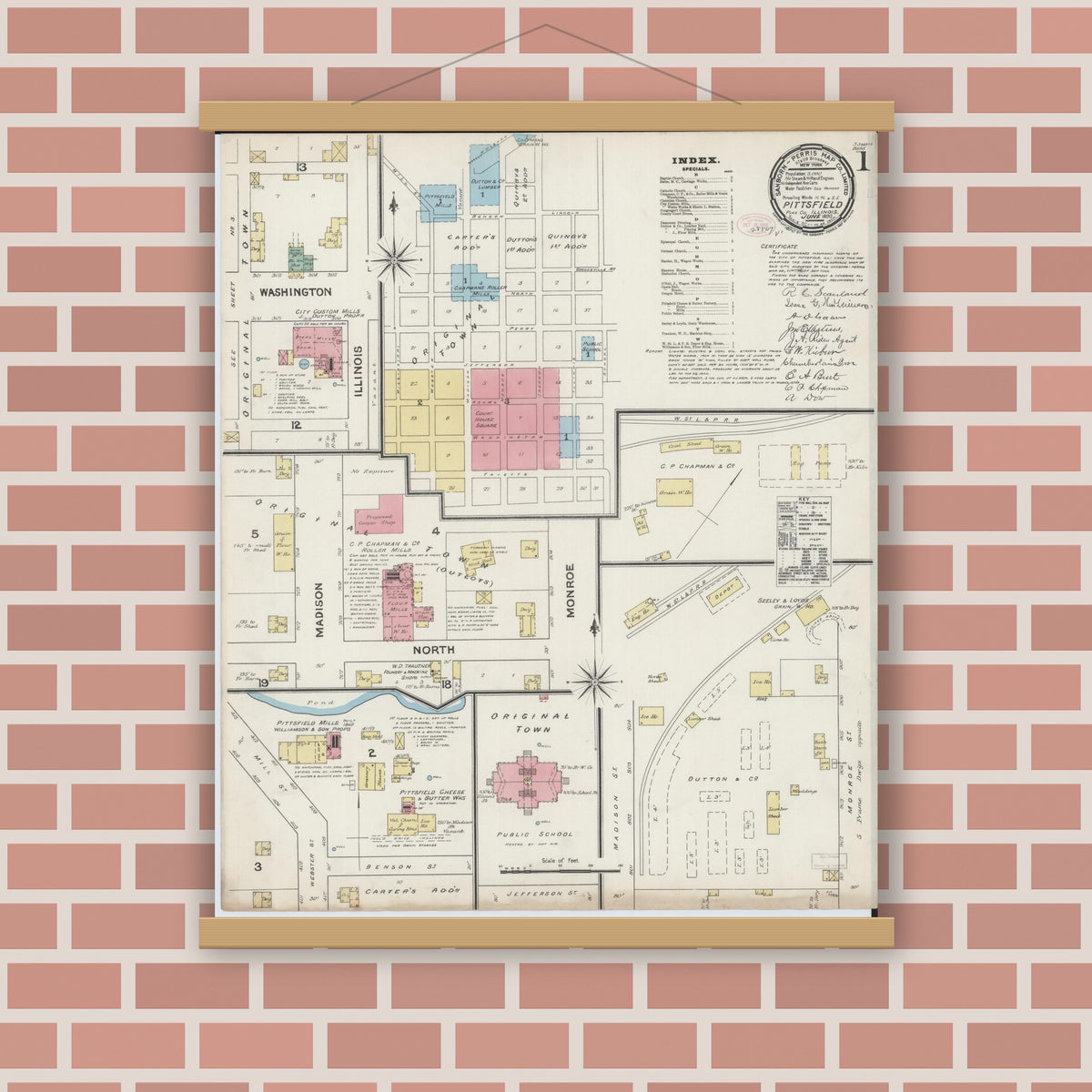 Old map wall art mockup — magnetic wood frame on brick wall — Sanborn Fire Insurance Map from Pittsfield, Pike County, Illinois (1890) - Complete Map Set