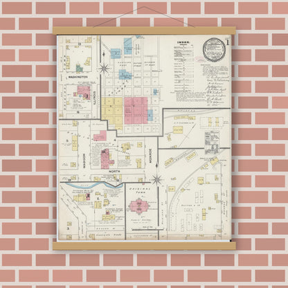 Old map wall art mockup — magnetic wood frame on brick wall — Sanborn Fire Insurance Map from Pittsfield, Pike County, Illinois (1890) - Complete Map Set