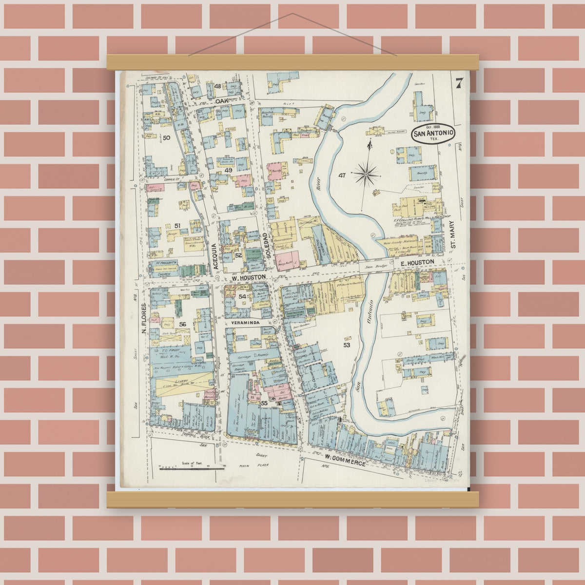 Old map wall art mockup — magnetic wood frame on brick wall — Sanborn Fire Insurance Map from San Antonio, Bexar County, Texas (1888), Sheet #0007