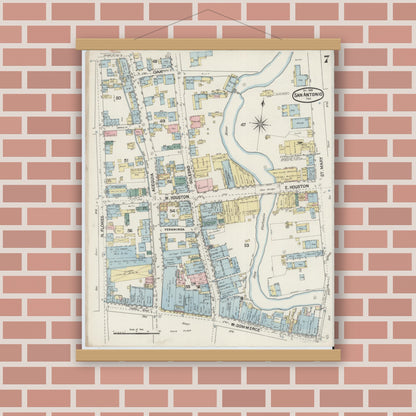 Old map wall art mockup — magnetic wood frame on brick wall — Sanborn Fire Insurance Map from San Antonio, Bexar County, Texas (1888), Sheet #0007