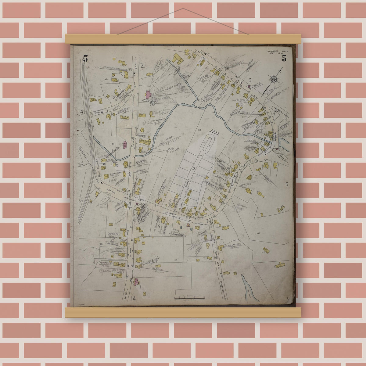 Old map wall art mockup — magnetic wood frame on brick wall — Sanborn Fire Insurance Map from Cohasset, Norfolk County, Massachusetts (1952), Sheet #0005