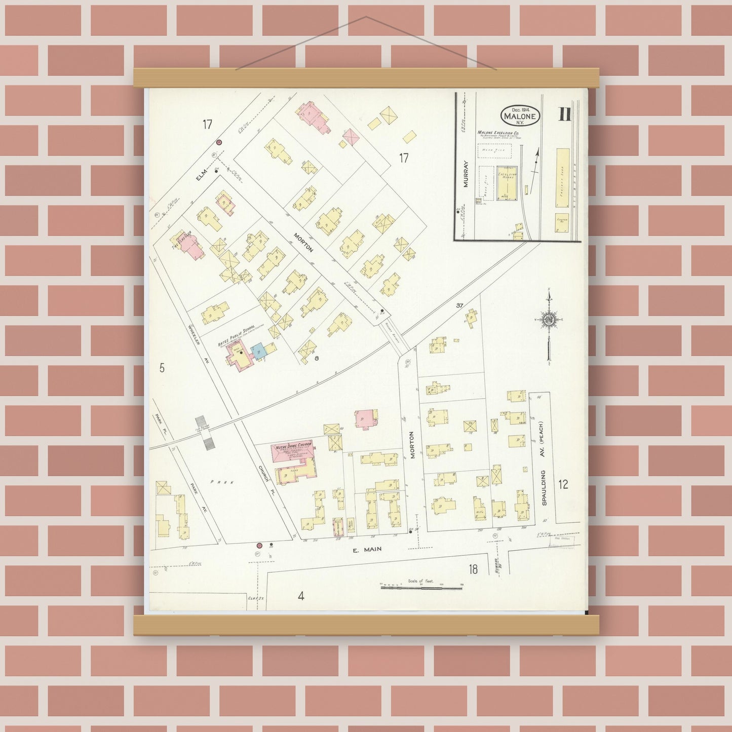 Old map wall art mockup — magnetic wood frame on brick wall — Sanborn Fire Insurance Map from Malone, Franklin County, New York (1914), Sheet #0011