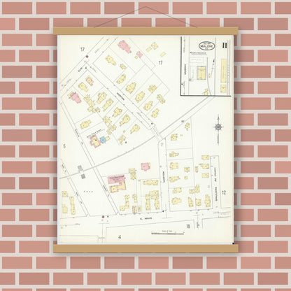 Old map wall art mockup — magnetic wood frame on brick wall — Sanborn Fire Insurance Map from Malone, Franklin County, New York (1914), Sheet #0011