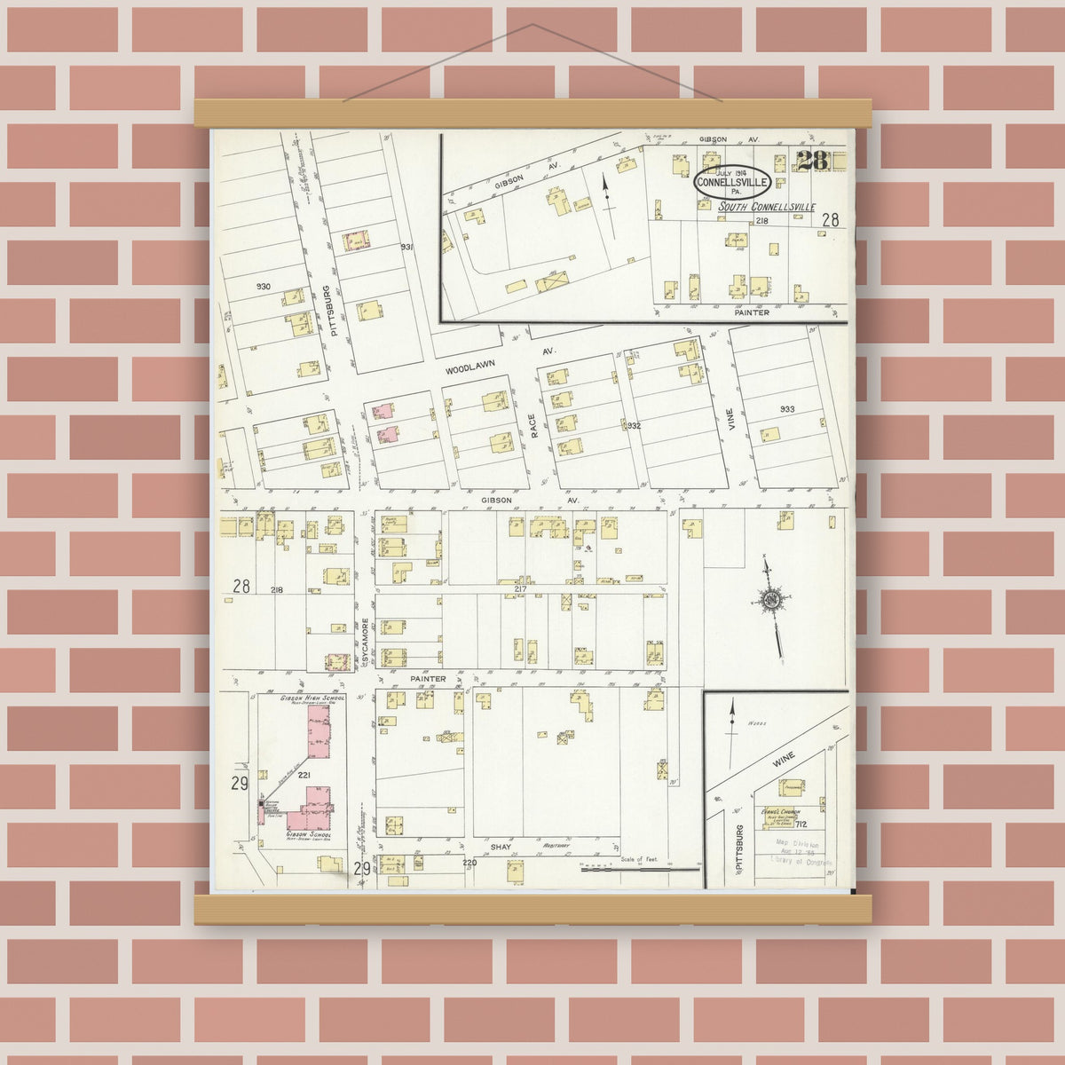 Old map wall art mockup — magnetic wood frame on brick wall — Sanborn Fire Insurance Map from Connellsville, Fayette County, Pennsylvania (1914), Sheet #0028