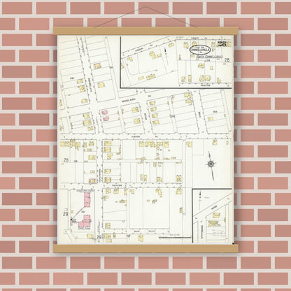Old map wall art mockup — magnetic wood frame on brick wall — Sanborn Fire Insurance Map from Connellsville, Fayette County, Pennsylvania (1914), Sheet #0028