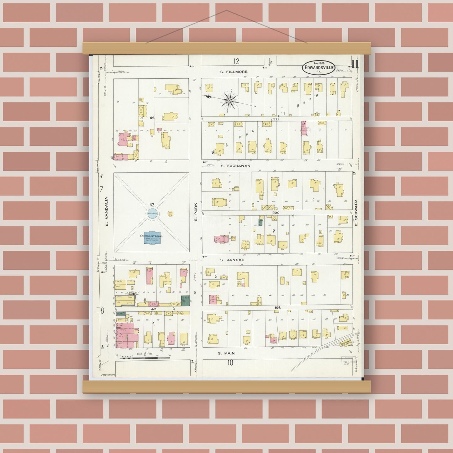 Old map wall art mockup — magnetic wood frame on brick wall — Sanborn Fire Insurance Map from Edwardsville, Madison County, Illinois (1909), Sheet #0011