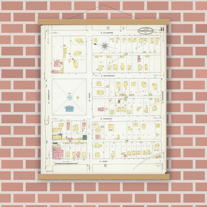 Old map wall art mockup — magnetic wood frame on brick wall — Sanborn Fire Insurance Map from Edwardsville, Madison County, Illinois (1909), Sheet #0011