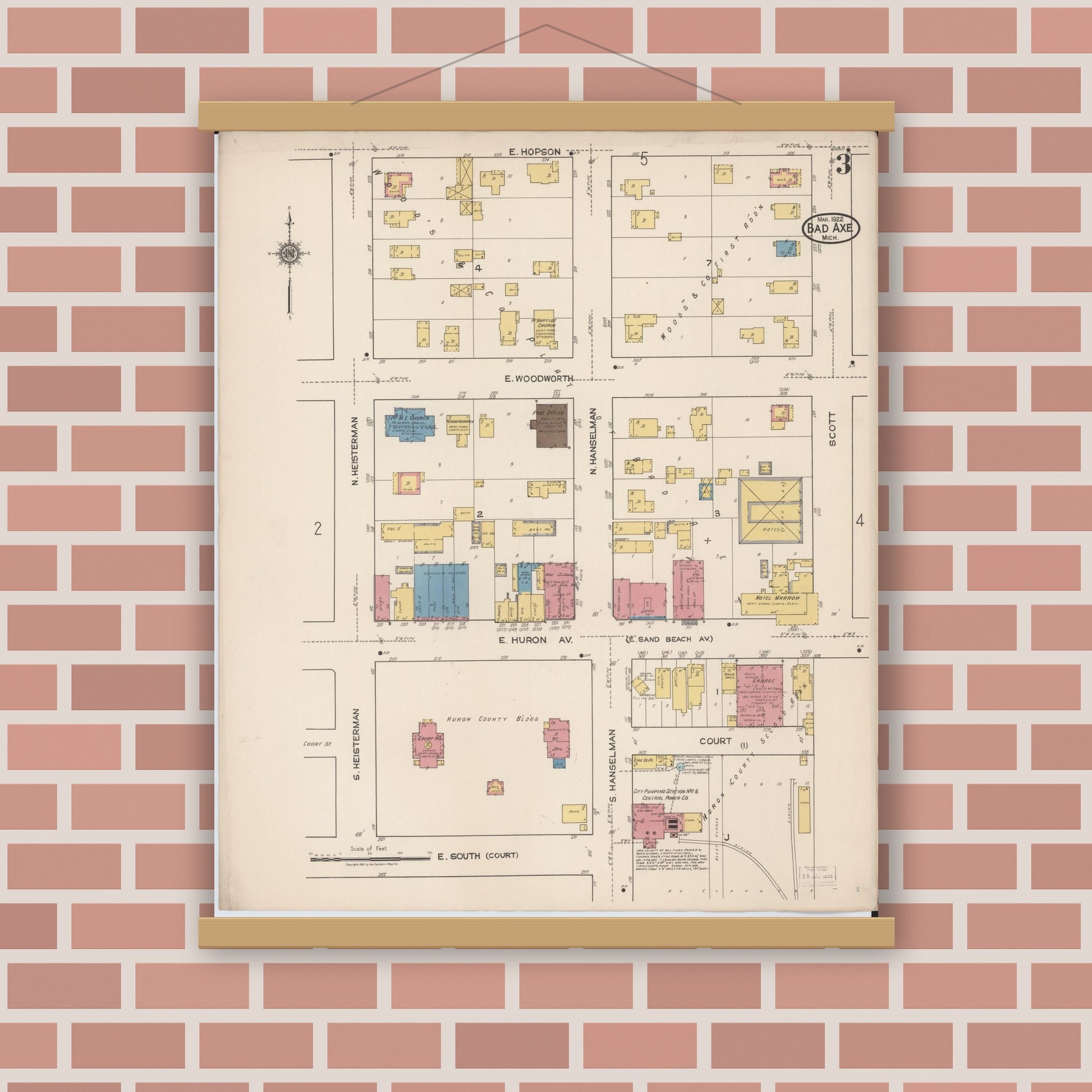 Old map wall art mockup — magnetic wood frame on brick wall — Sanborn Fire Insurance Map from Bad Axe, Huron County, Michigan (1922), Sheet #0003