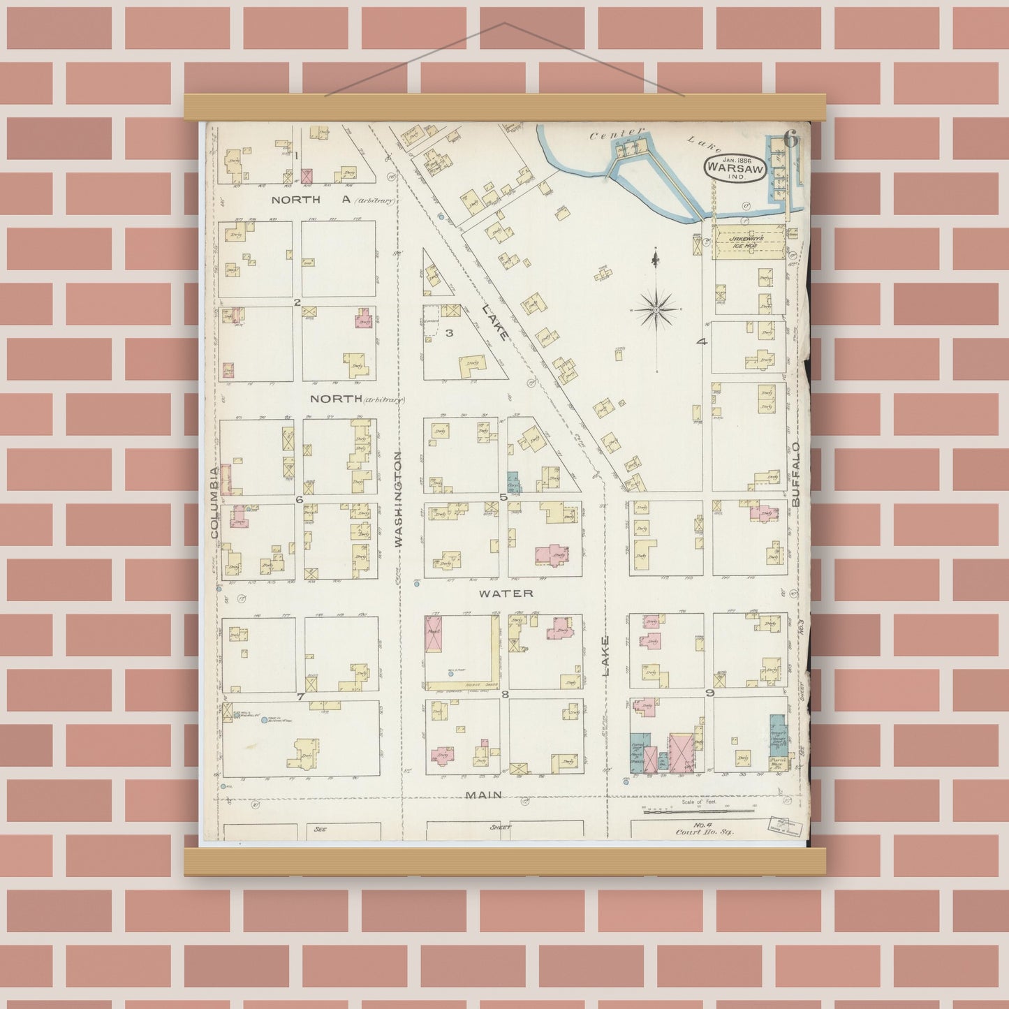 Old map wall art mockup — magnetic wood frame on brick wall — Sanborn Fire Insurance Map from Warsaw, Kosciusko County, Indiana (1886), Sheet #0006