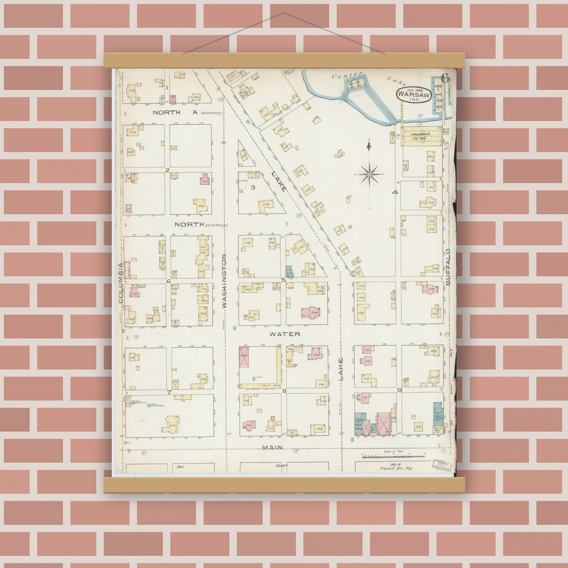 Old map wall art mockup — magnetic wood frame on brick wall — Sanborn Fire Insurance Map from Warsaw, Kosciusko County, Indiana (1886), Sheet #0006