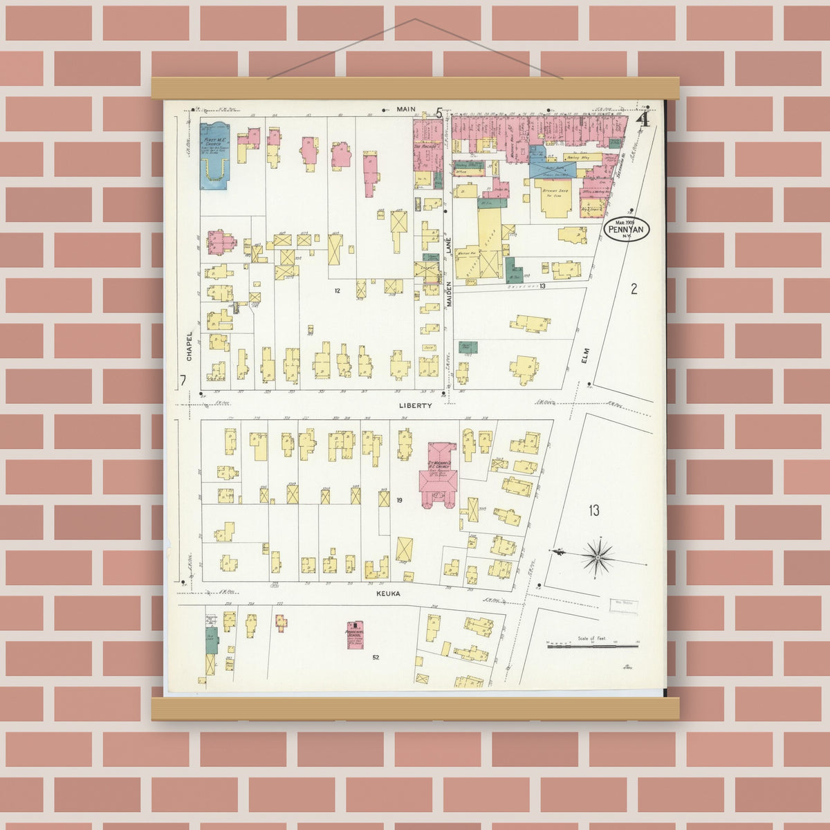 Old map wall art mockup — magnetic wood frame on brick wall — Sanborn Fire Insurance Map from Penn Yan, Yates County, New York (1909), Sheet #0004