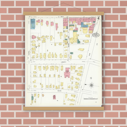 Old map wall art mockup — magnetic wood frame on brick wall — Sanborn Fire Insurance Map from Penn Yan, Yates County, New York (1909), Sheet #0004