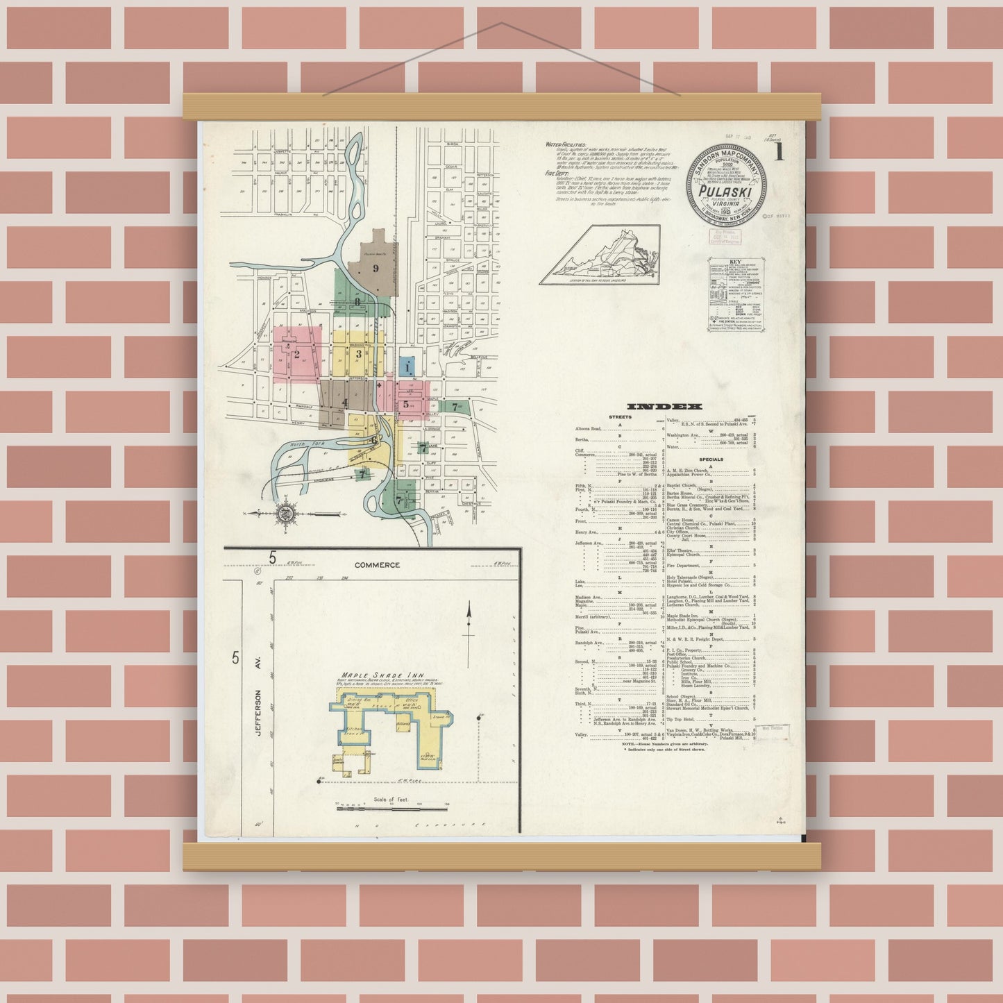 Old map wall art mockup — magnetic wood frame on brick wall — Sanborn Fire Insurance Map from Pulaski, Pulaski County, Virginia (1913) - Complete Map Set