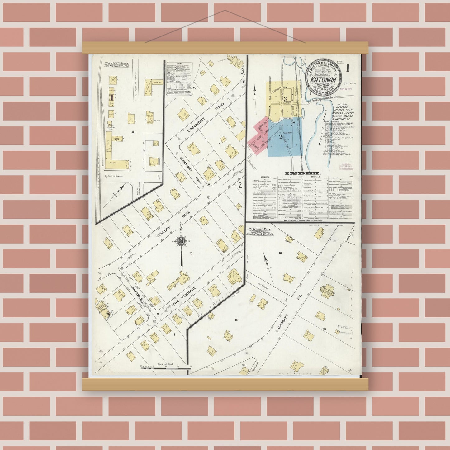 Old map wall art mockup — magnetic wood frame on brick wall — Sanborn Fire Insurance Map from Katonah, Westchester County, New York (1910) - Complete Map Set