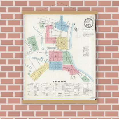 Old map wall art mockup — magnetic wood frame on brick wall — Sanborn Fire Insurance Map from Aurora, Dearborn County, Indiana (1897), Sheet #0001