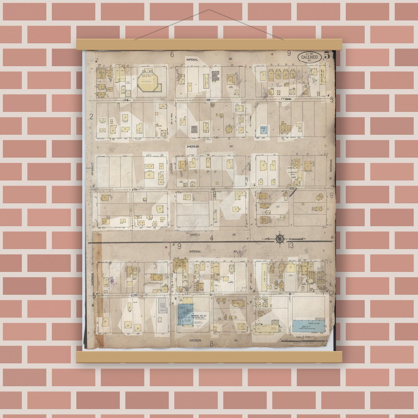 Old map wall art mockup — magnetic wood frame on brick wall — Sanborn Fire Insurance Map from Calexico, Imperial County, California (1956), Sheet #0005