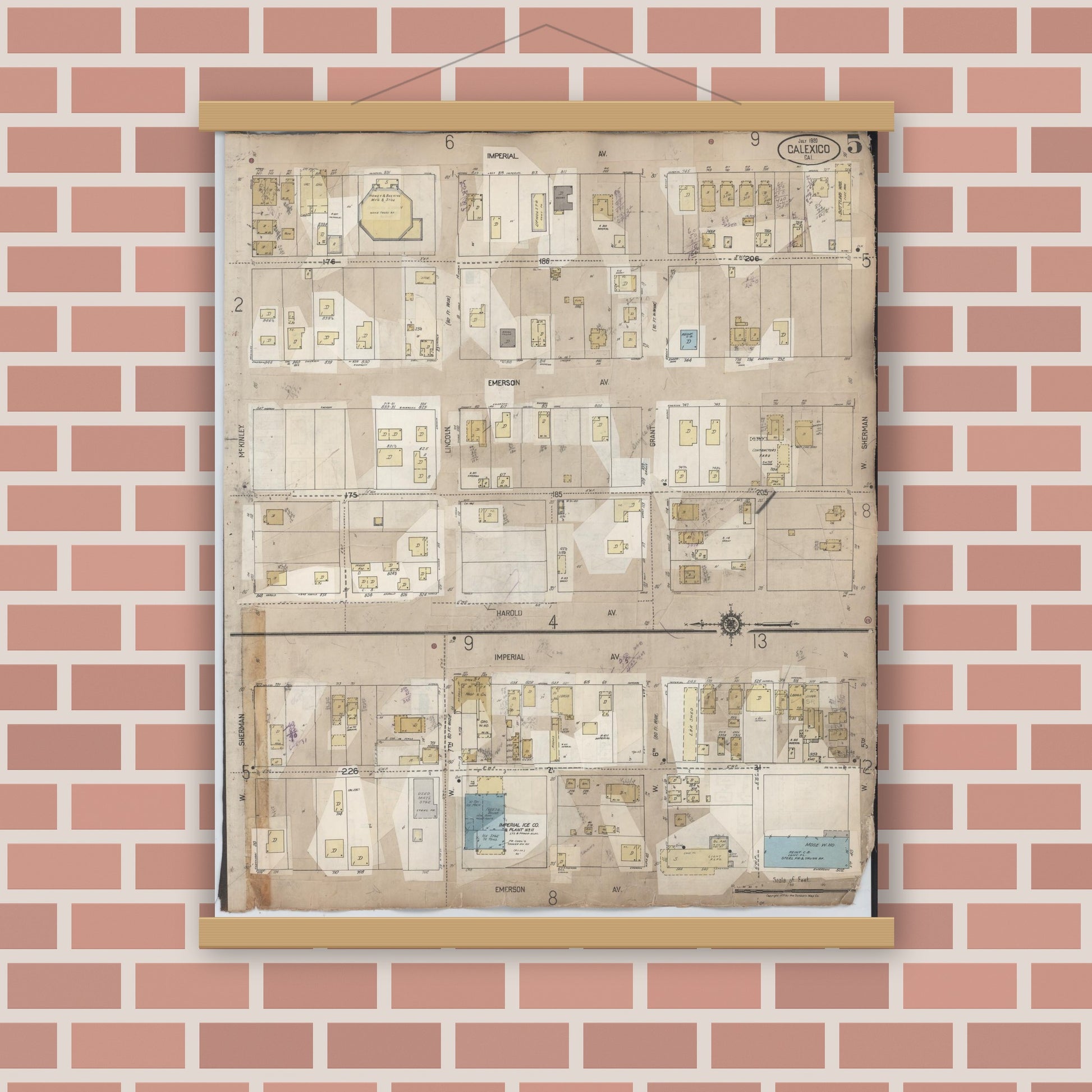 Old map wall art mockup — magnetic wood frame on brick wall — Sanborn Fire Insurance Map from Calexico, Imperial County, California (1956), Sheet #0005