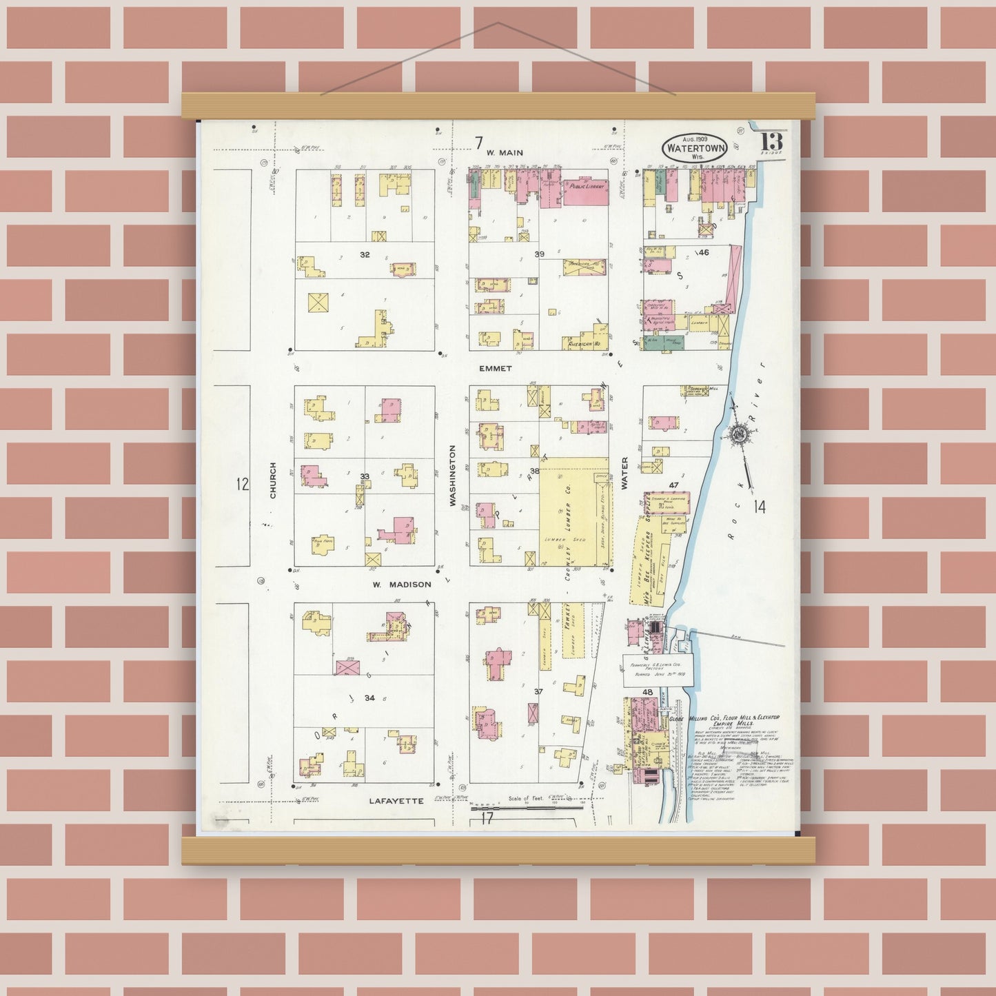 Old map wall art mockup — magnetic wood frame on brick wall — Sanborn Fire Insurance Map from Watertown, Jefferson County, Wisconsin (1909), Sheet #0013