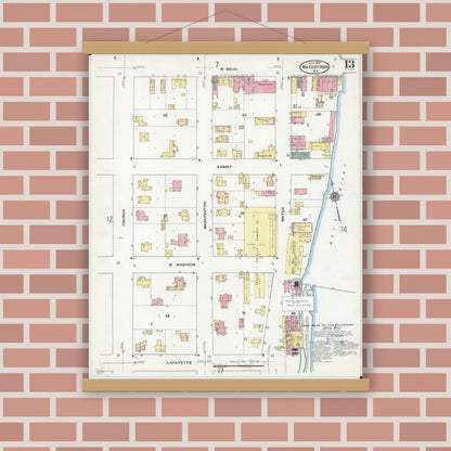 Old map wall art mockup — magnetic wood frame on brick wall — Sanborn Fire Insurance Map from Watertown, Jefferson County, Wisconsin (1909), Sheet #0013