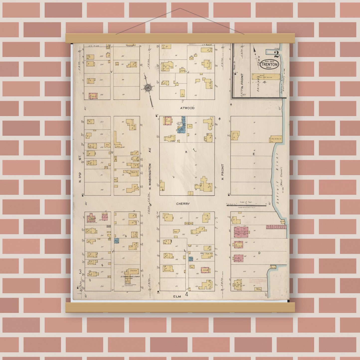 Old map wall art mockup — magnetic wood frame on brick wall — Sanborn Fire Insurance Map from Trenton, Wayne County, Michigan (1922), Sheet #0002