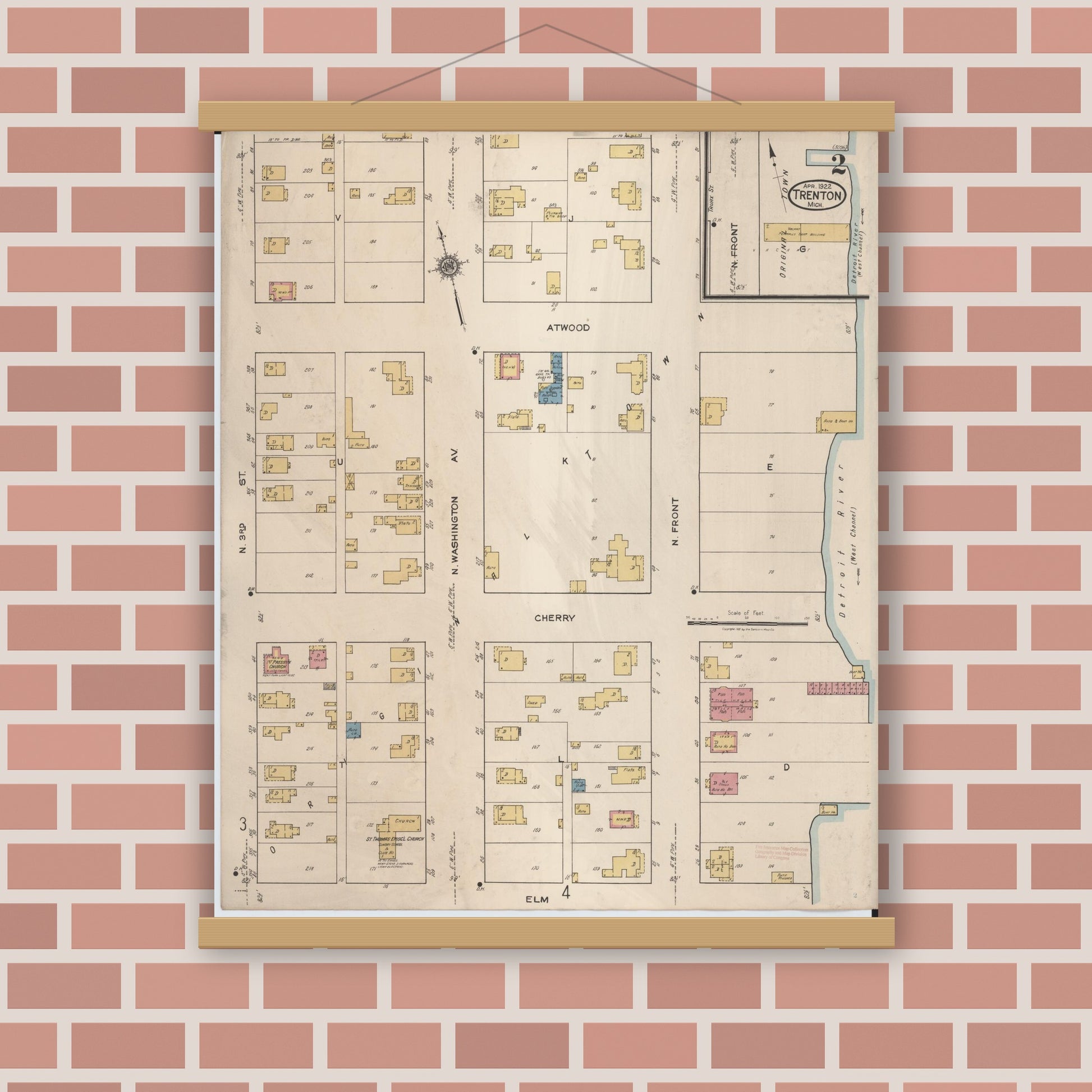 Old map wall art mockup — magnetic wood frame on brick wall — Sanborn Fire Insurance Map from Trenton, Wayne County, Michigan (1922), Sheet #0002